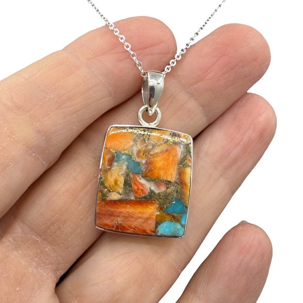 Spiny Oyster Copper Turquoise Pendant Necklace 925 Sterling Silver 18in Chain - Picture 4 of 6